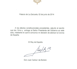 Abdication statement of King Juan Carlos of Spain, handed to the President of the Government this morning.
