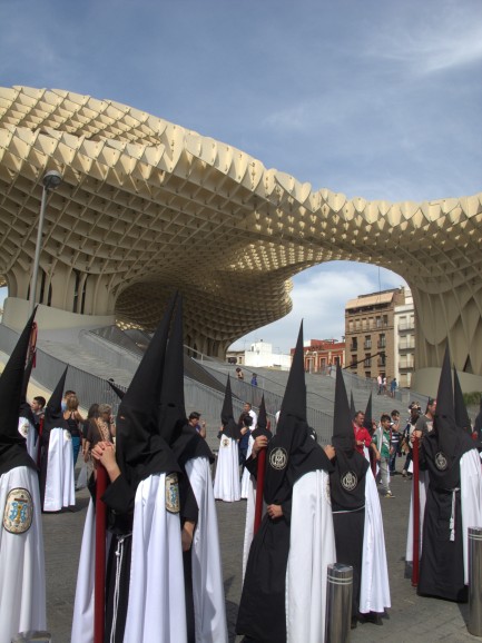 Nazarenos from La Sed pass the 'Setas', on Miercoles Santo (Holy Wednesday).