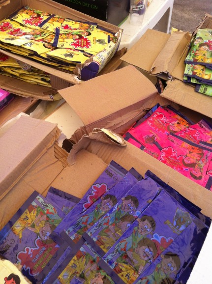 The bags of coloured powder used to throw into the air at the festival - in seven colours.