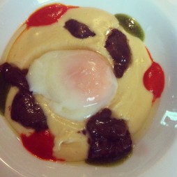 Poached egg with truffled potato, boletus mushrooms, red pepper and basil pesto. Poached egg with truffled potato, boletus mushrooms, red pepper and basil pesto.