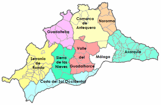 Mapa de las comarcas de Málaga