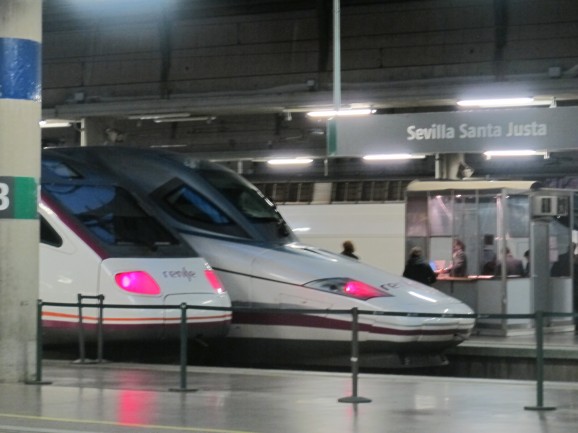 Just along the platform from the exhibition at Santa Justa station, we saw this real-life AVE high-speed train. They travel at up to 300km/h.