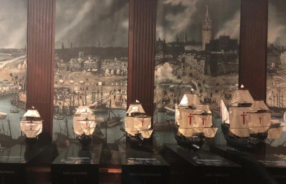 The five ships of Magellan's Spìce Armada in the exhibition at the Archive of the Indies in Seville.