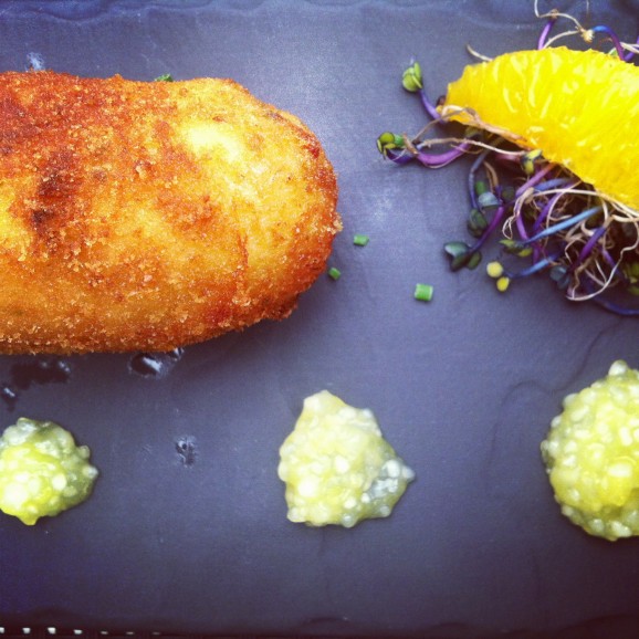 Cod croquette with caviar of orange. Beautifully presented, but short on taste.