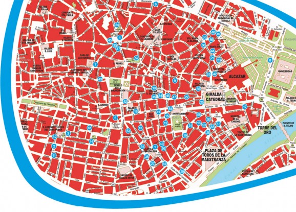 Map of Seville showing locations of bars offering tapa and sherry pairings.