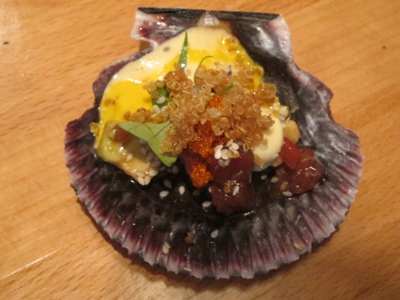 Colourful, delicious 'Tuna Nikkei' - blue-fin tuna belly with avocado, flying-fish roe, quinoa and leche de tigre.