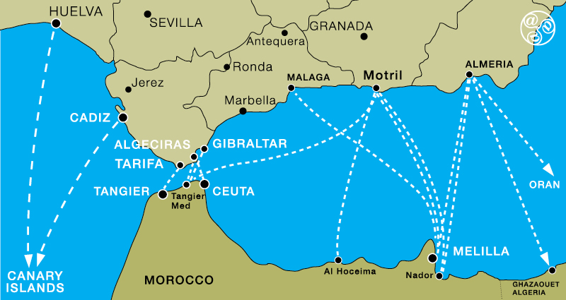 Map of all the ferry routes from Andalucia to North Africa and Canary Islands Map of all the ferry routes from Andalucia to North Africa and Canary Islands ©andalucia.com