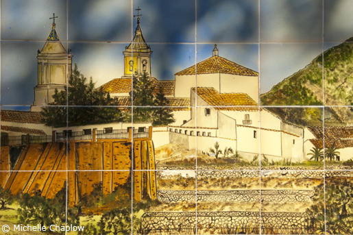 A hand painted ceramic image of Puerto Serrano. © Michelle Chaplow