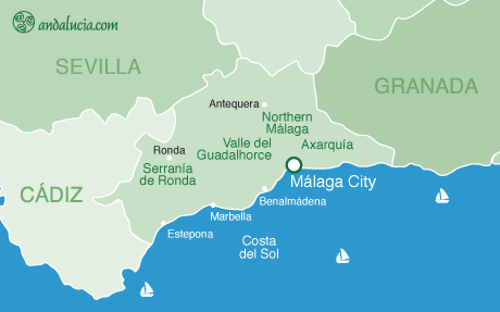 Map of Malaga Province outlining six areas Map of Malaga Province outlining six areas