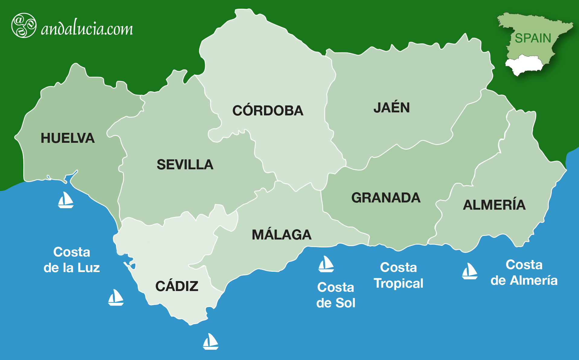 Map of Andalucia showing 8 provinces
