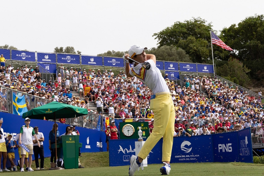 Carlota Ciganda on the first tee Friday afternoon at Soheim Cup 2023 © Organisation