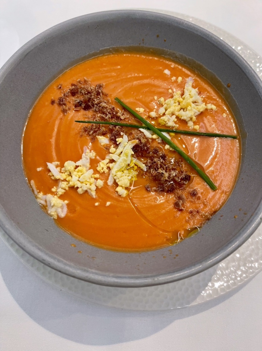 Salmorejo with traditional garnish of finely chopped boiled eggs and ham © Michelle Chaplow
