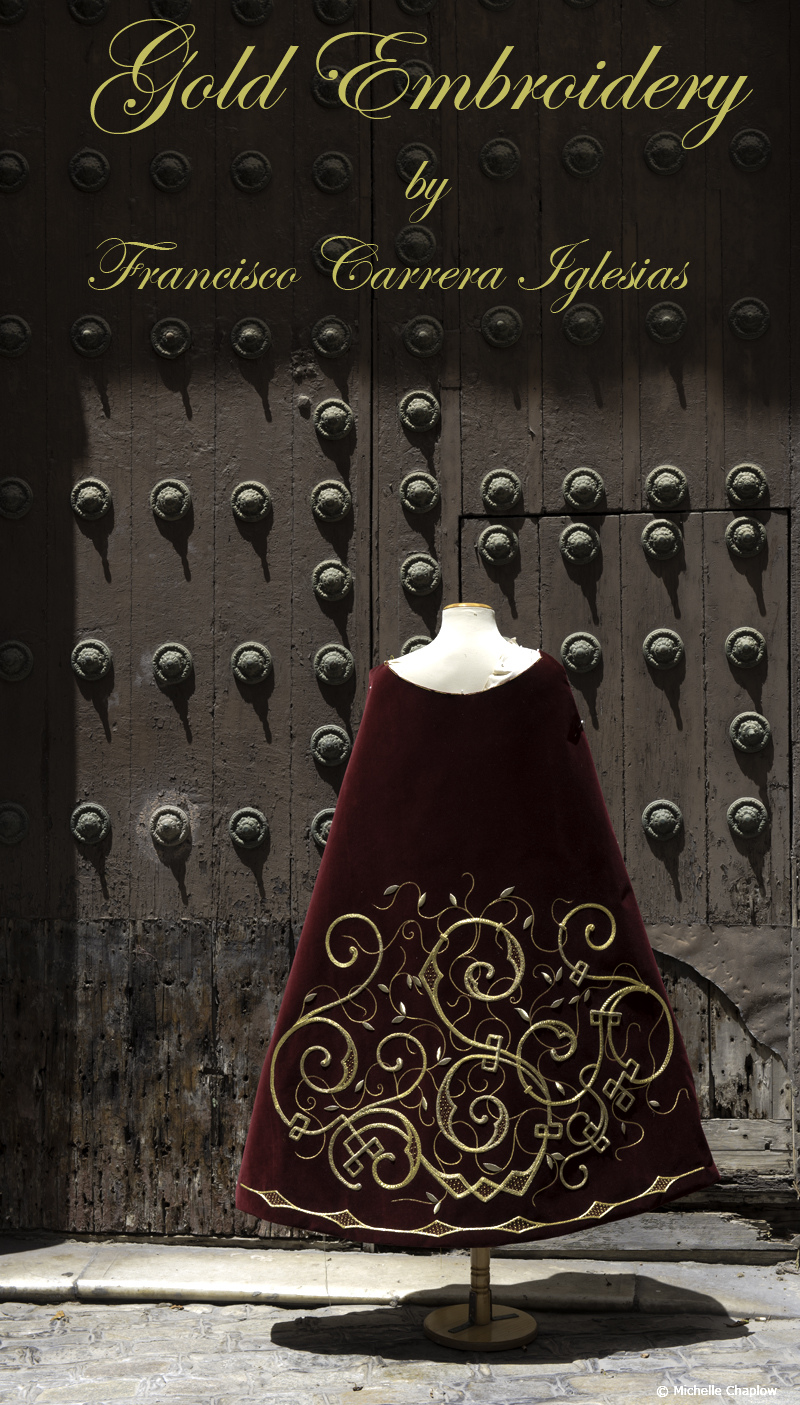 The skirt for a virgin from Ciudad Real, lovingly restored by Francisco Carrera Iglesias, stands magnificent with its rich velvet fabric & gleaming gold embellishment. © Michelle Chaplow