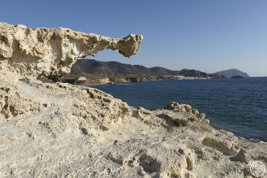 The Fossil Dunes of Los Escullos, a famous natural monument - fossilized sand dunes which have turned to soft stone with a strange, arm-like section jutting out. © Michelle Chaplow