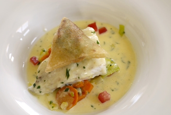 Baked sea bass with mussels and parsley beurre blanc © Michelle Chaplow