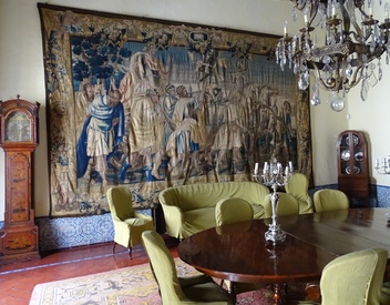 Dining room of Palacio Bucarelli in Seville with 17th century Flemish tapestry.