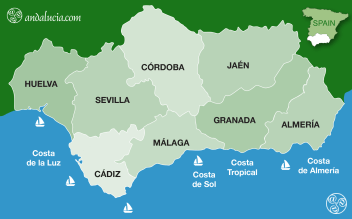 Map of Andalucia showing 8 provinces