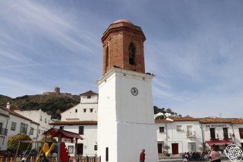 View of the Bell Tower in Plaza de la Constitución, the main village square 