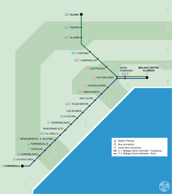 Malaga to Fuengirola train service map by RENFE 