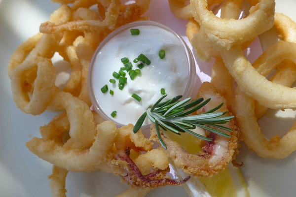  Feria food- 'Calamares fritos con ali-oli Andaluz'- Fried squid with Andalusian garlic mayonnaise. © Michelle Chaplow