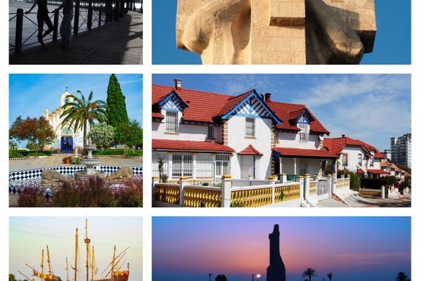 (Top left to right) Muelle de Rio Tinto, Monument to Discoverer Faith,  Nuestra Señora de la Soledad Cemetery, Barrio de Reina Victoria, Muelle de las Carabelas, Monument to Discoverer Faith. © Michelle Chaplow