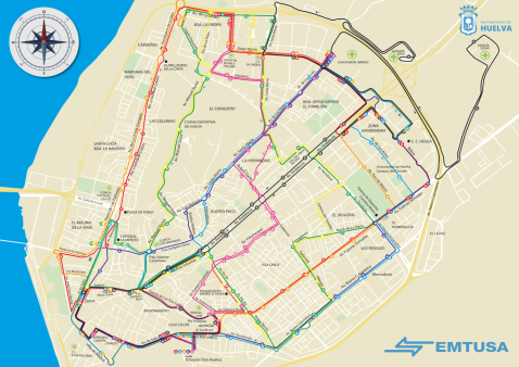 EMTUSA municipal bus map of Huelva city