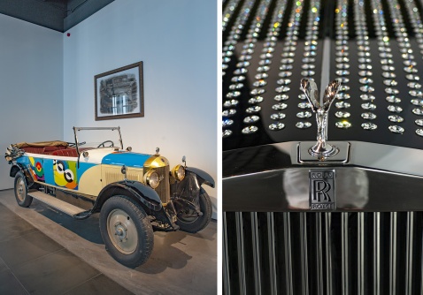 A 1920 4cil 12cv-hp Unic in Sonia Delaunay style and Rolls-Royce customised with Swarovski crystals.  