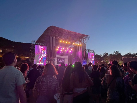 Amyl and the Sniffers on the main Sunrise stage at dusk on Friday. © Alex Cutts