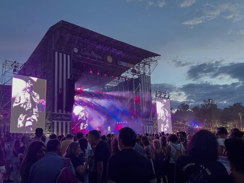 Duki, leading the new wave of Argentinian Rappers on the main Sunrise stage at sunset.  © Alex Cutts