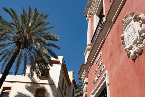 Looking up at the brilliant blue sky of Seville from Plaza San Francisco, framed by towering palms and the intricate details of ornate Spanish architecture. A moment of serenity in the heart of the city. © Michelle Chaplow