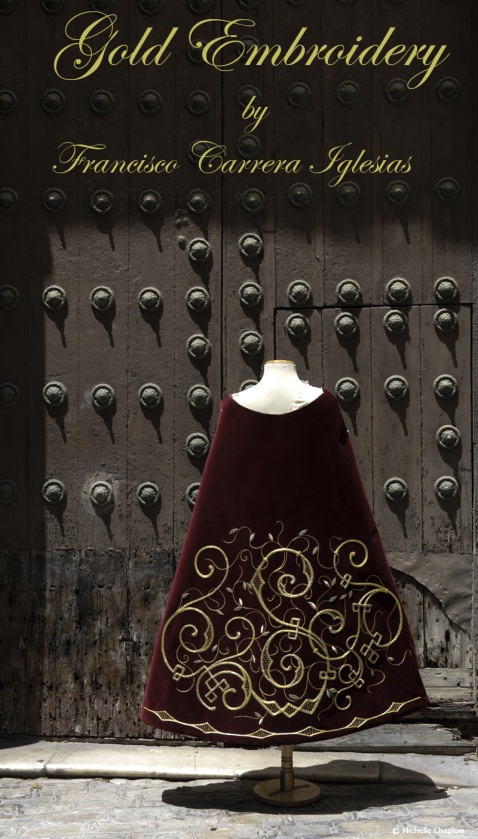 The skirt for a virgin from Ciudad Real, lovingly restored by Francisco Carrera Iglesias, stands magnificent with its rich velvet fabric & gleaming gold embellishment. © Michelle Chaplow
