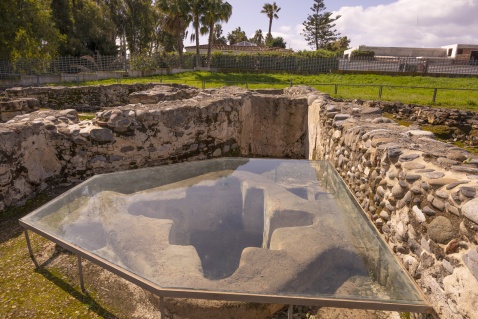 Paleochristian Basilica Vega del Mar  BAPTISM  The north chamber (baptistery) contains a font in the shape of a fish, at 1.1m deep enough to immerse a mature adult. Today is protected by a glass plate © Michelle Chaplow