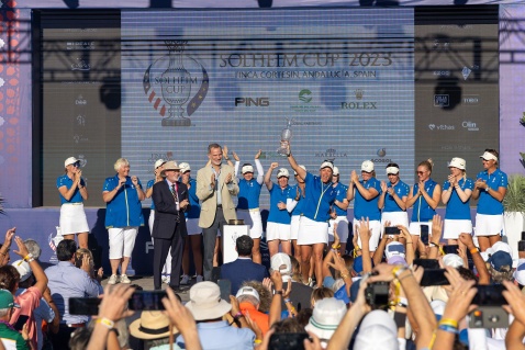 King Felipe and  and John A Solheim presented the Solheim Cup to the European Team ©Solheim