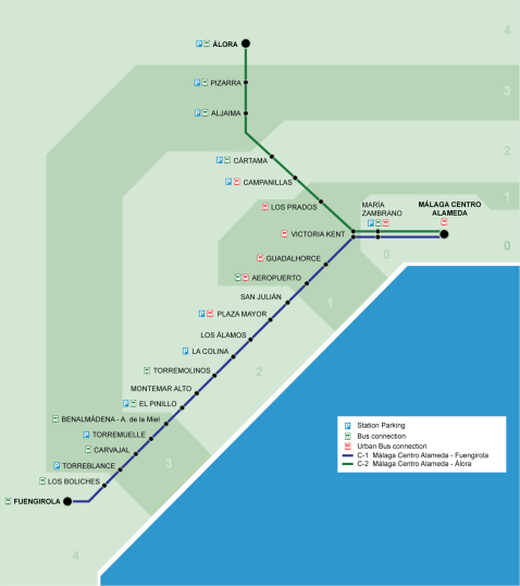 Malaga to Fuengirola train service map by RENFE 