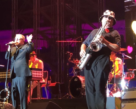 Suggs on vocals (left) and Lee Thompson on sax, complete with two-tone porkpie hat.. © Fiona Flores Watson