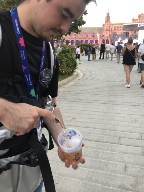 Beer pumped from a backpack. © Fiona Flores Watson Glass of Beer (C) Fiona Flores Watson