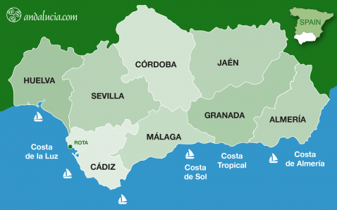 Map of the provinces and coasts of Andalucia