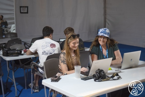   Michelle Chaplow and Alex Cutts in the press tent creating content for Andalucia.com. 