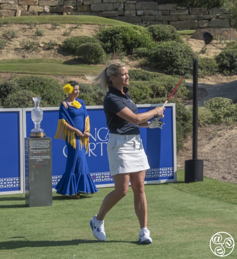 Suzann Petersen, European Captain for the Solheim cup, testing out the new first hole for the forthcoming 2023 Solhiem cup © Michelle Chaplow