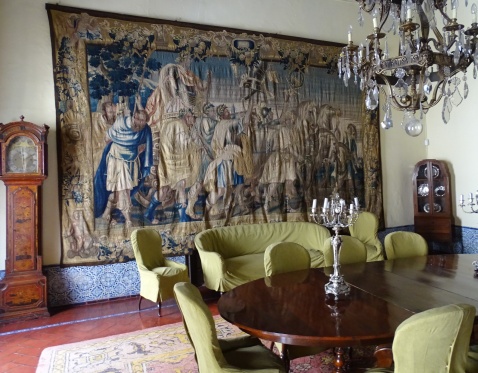 Dining room of Palacio Bucarelli in Seville with 17th century Flemish tapestry.